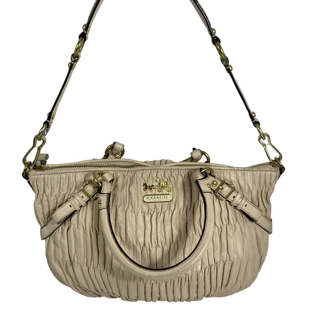 Coach Beige Ruched Leather Satchel with Gold Hardware